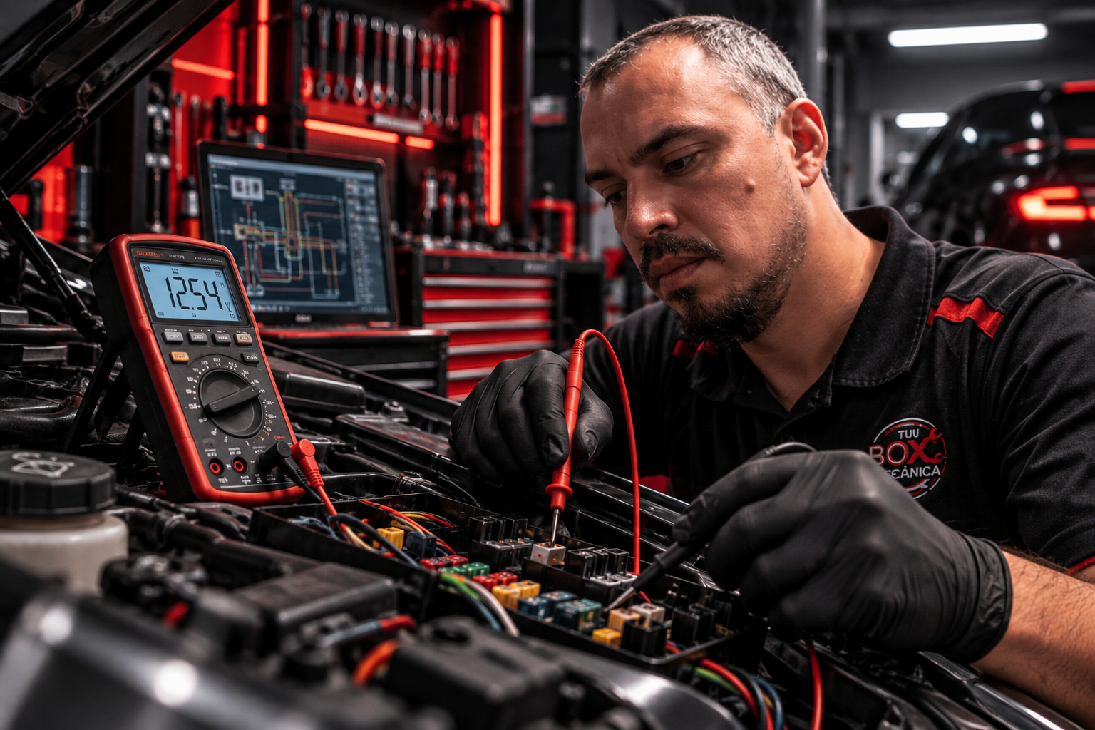 Técnico comprobando la electricidad del automóvil